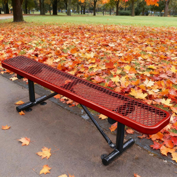LAUCO Heavy Duty Expanded Metal Mesh Picnic Bench, Industrial Style Outdoor Bench with Steel Frame, 1000 lbs Capacity, Red Thermoplastic Coating