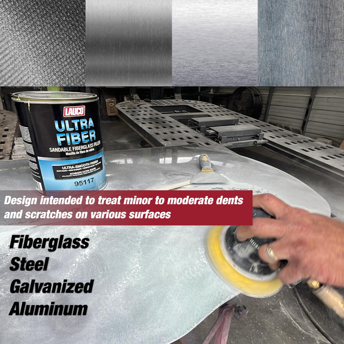 LAUCO Ultra Fiber Sandable Fiberglass Filler, Bridges Holes, Water Resistant, Lightweight, for Fiberglass, Steel, Plastics, Base Color of Yellow-Green, 3 Liters