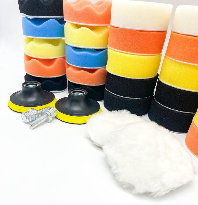 Buffing and Polishing Pad Kit for Drill Adapter – 3-Inch Foam and Wool Pads for Car Detailing, Scratch Removal, Cutting, Finishing and Polishing (30 Pcs Set)