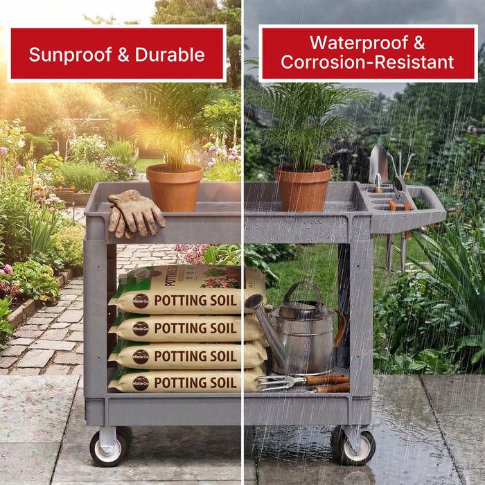 Lauco Heavy Duty Polypropylene Utility Cart - ﻿30" x 16" x 33"- Industrial Cart with Full Swivel Wheels Safely Holds up to 550 lbs - Multipurpose 2 Tier Service Cart for Warehouse, Garage, Cleaning