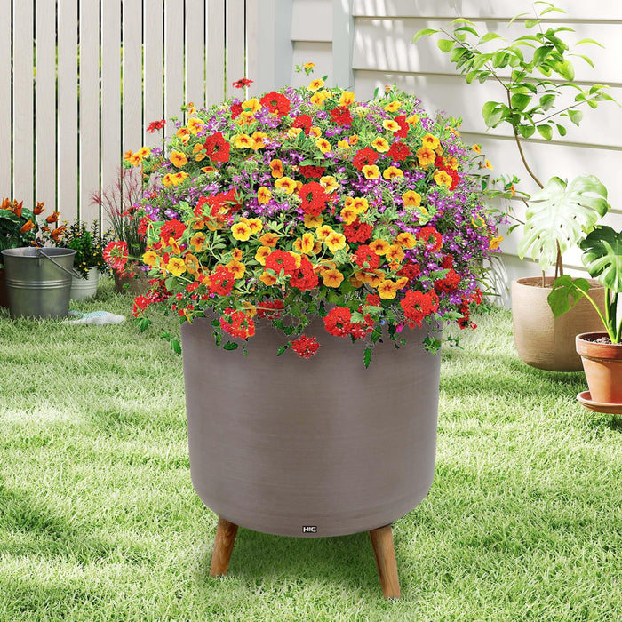 14 Inch Plastic Planter Pot with Stand, Handcrafted Modern Plant Pot, Durable Tall Flower Pot for Indoor & Outdoor Plants, Living Room & Garden Decor, Light Coffee/Natural wooden legs (2 Pack) 87227
