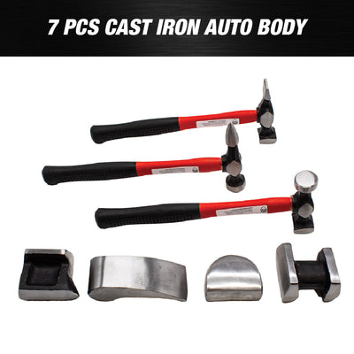 7pcs Cast Iron Auto Body Repair Tools Panel Beating Set Fender Tool Kit Hammer Dolly Dent Bender