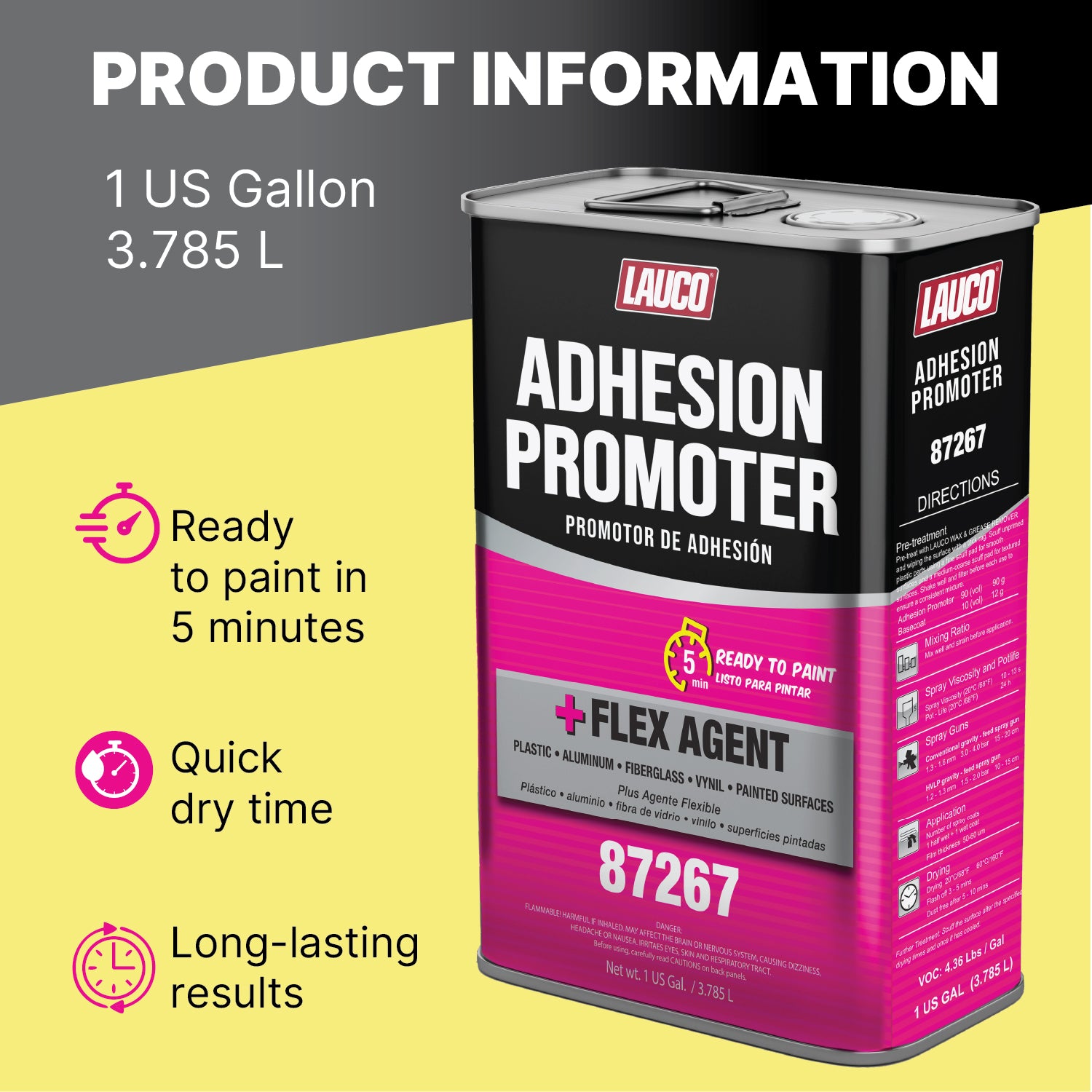 Lauco Adhesion Promoter 1 Gallon – Automotive Plastic Adhesion Promoter for Paint, Primer & Topcoat | Flex Agent Included | For Plastic, Metal, Aluminum, Fiberglass, Bumpers, Panels – Fast Dry - (87267)