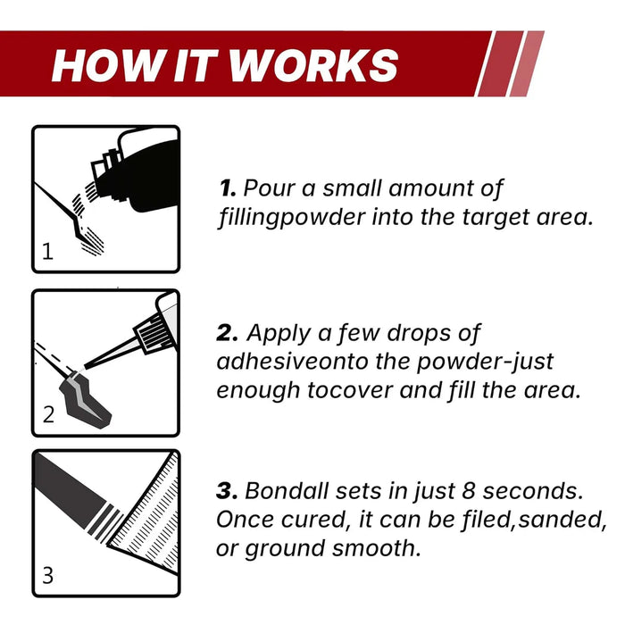 BONDALL Instant Bonding Adhesive Repair Kit, 4PC Set with (2) Super Glue Bottles, Plastic & Metal Reinforcing Powders (Black & Grey), Strong Waterproof Adhesive. LAUCO