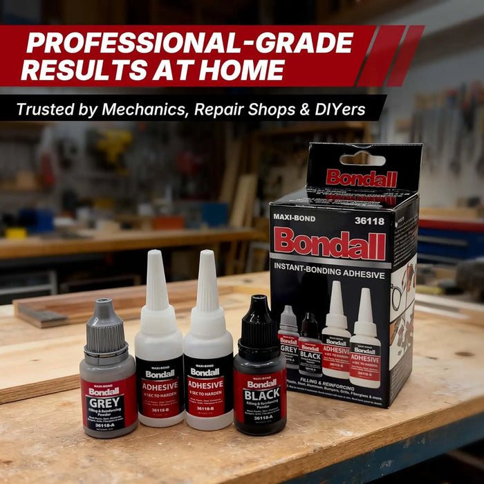 BONDALL Instant Bonding Adhesive Repair Kit, 4PC Set with (2) Super Glue Bottles, Plastic & Metal Reinforcing Powders (Black & Grey), Strong Waterproof Adhesive. LAUCO