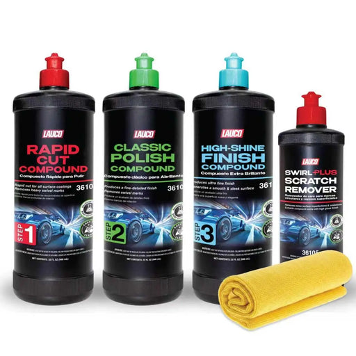 Compound 3-Step Automotive Buffing & Polishing Kit – Rapid Cut, Classic Polish & High-Shine Finish + Swivel Scratch Remover – Silicone-Free Paint Correction System [36101, 36102, 36103, 36105] Lauco