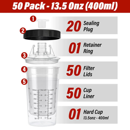 Disposable 13.5 Ounce (400ml) Paint Spray Gun Cups Liners and Lid System, 50 Pack 125 MIC Kit National Supply Company