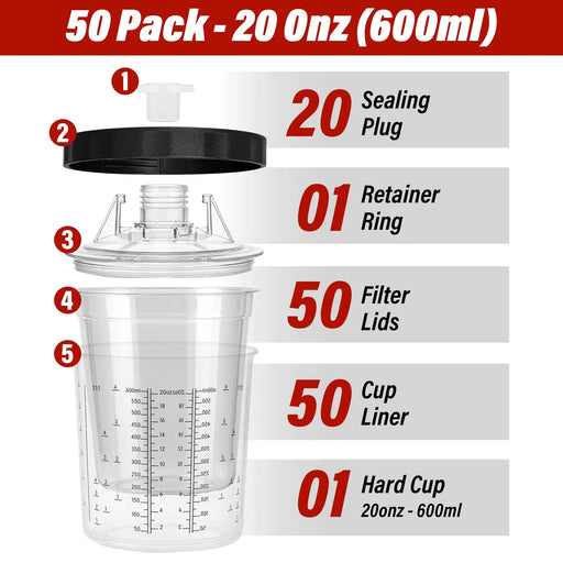 Disposable 20 Ounce (600ml) Paint Spray Gun Cups Liners and Lid System, 50 Pack 125 MIC Kit National Supply Company