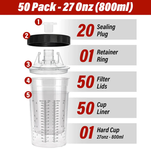 Disposable 27 Ounce (800ml) Paint Spray Gun Cups Liners and Lid System, 50 Pack 125 MIC Kit National Supply Company