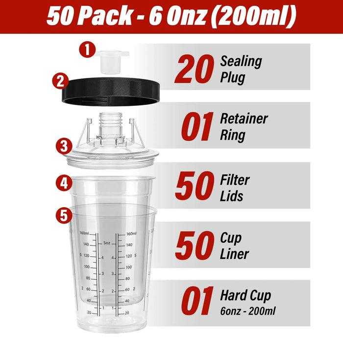 Disposable 6 Ounce (200ml) Paint Spray Gun Cups Liners and Lid System, 50 Pack 125 MIC Kit National Supply Company