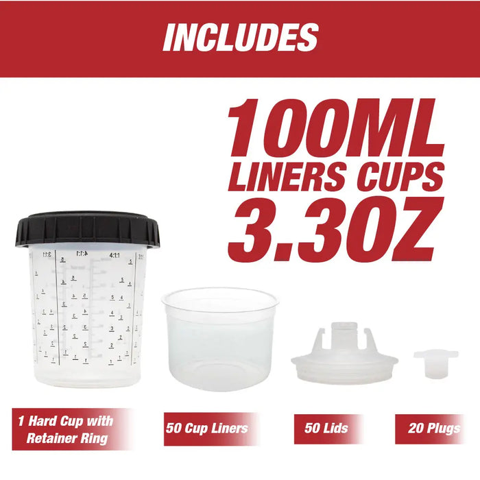 Disposable Paint Mixing Cup Kit 100ML - 50 Liners, Lids and 20 Plugs - National Supply Company