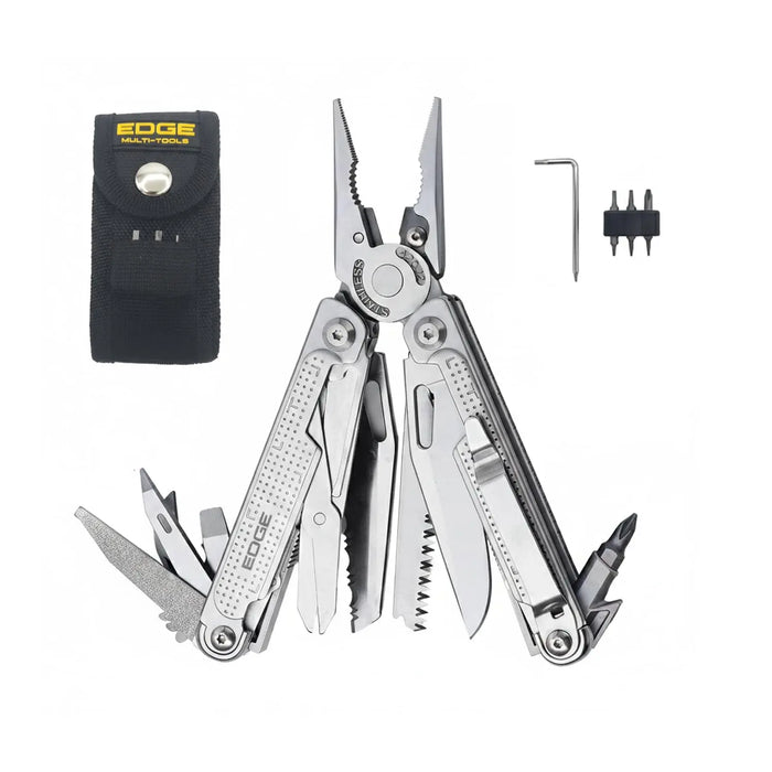 EDGE 14-in-1 Stainless Steel Multi-Tool Pliers with Knife, Saw, Scissors, Wire Cutter and Screwdriver Bits, Compact Folding Pocket Tool for Camping, Survival, Fishing and Car Emergency LAUCO