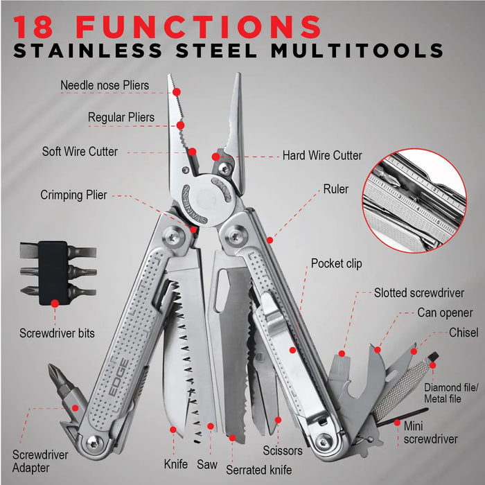 EDGE 14-in-1 Stainless Steel Multi-Tool Pliers with Knife, Saw, Scissors, Wire Cutter and Screwdriver Bits, Compact Folding Pocket Tool for Camping, Survival, Fishing and Car Emergency LAUCO