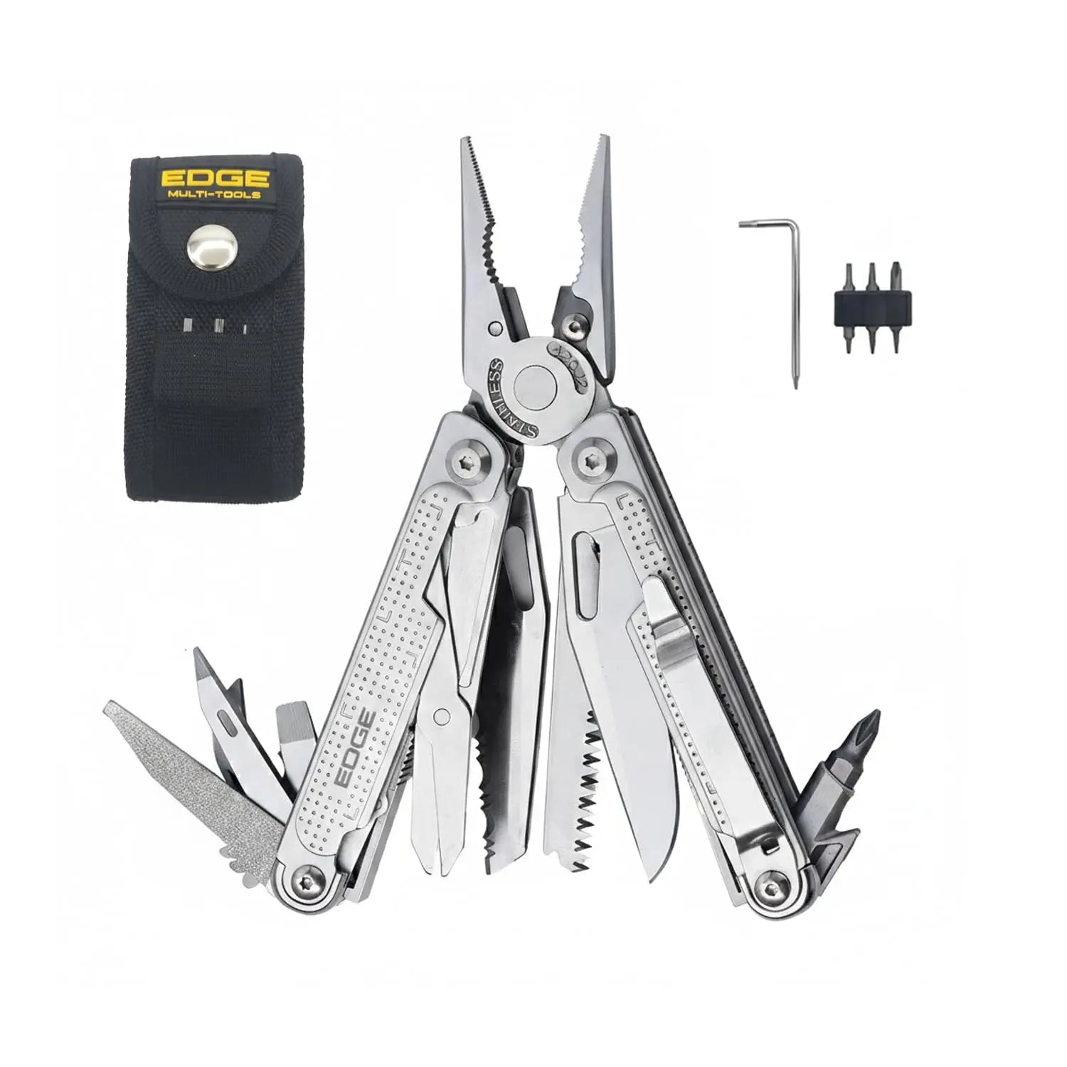 EDGE Multi-Tool Pliers Stainless Steel with Knife 14-in-1, Saw, Scissors, Wire Cutter and Screwdriver Bits, Compact Folding Pocket Tool for Camping, Survival, Fishing and Car Emergency LAUCO