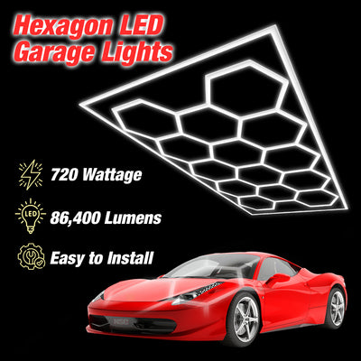 Hexagon Garage LED Light, 14 Grid Honeycomb System with Outer Rectangle Frame 96 INCH x 190 INCH