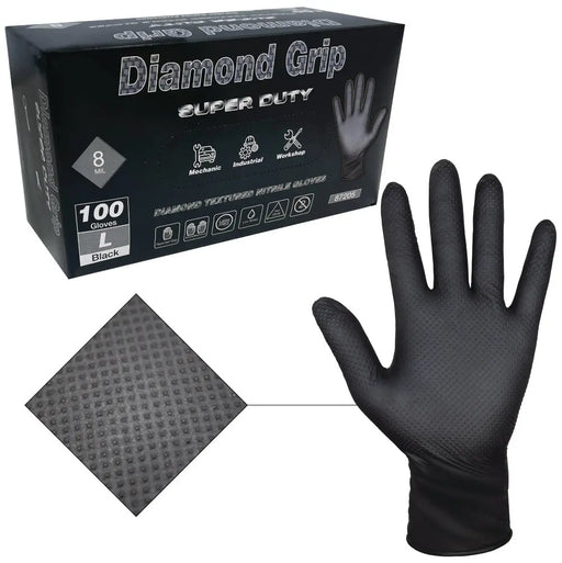 Heavy Duty 8-mil Industrial Black Nitrile Gloves with Raised