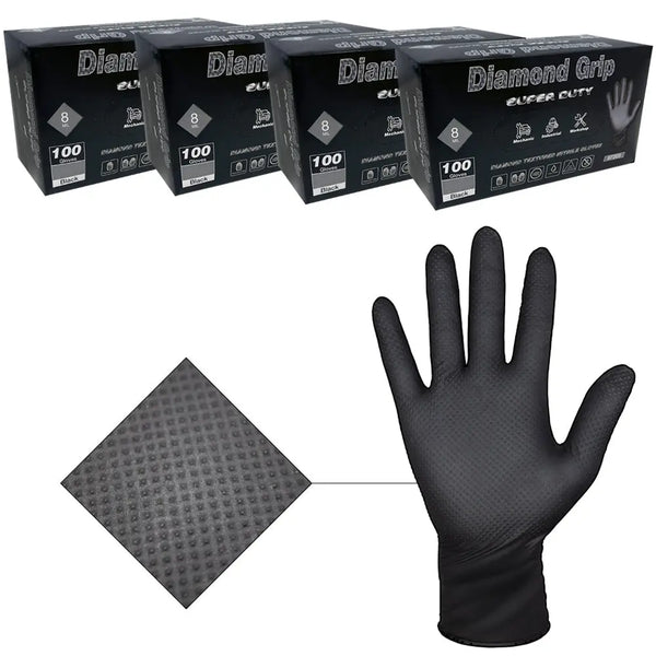 Heavy Duty 8-mil Industrial Black Nitrile Gloves with Raised Diamond Texture - Box of 400 - Latex Free, Powder Free Heavy Duty 8-mil Industrial Black Nitrile Gloves with Raised Diamond Texture - Box of 400 - Latex Free, Powder Free