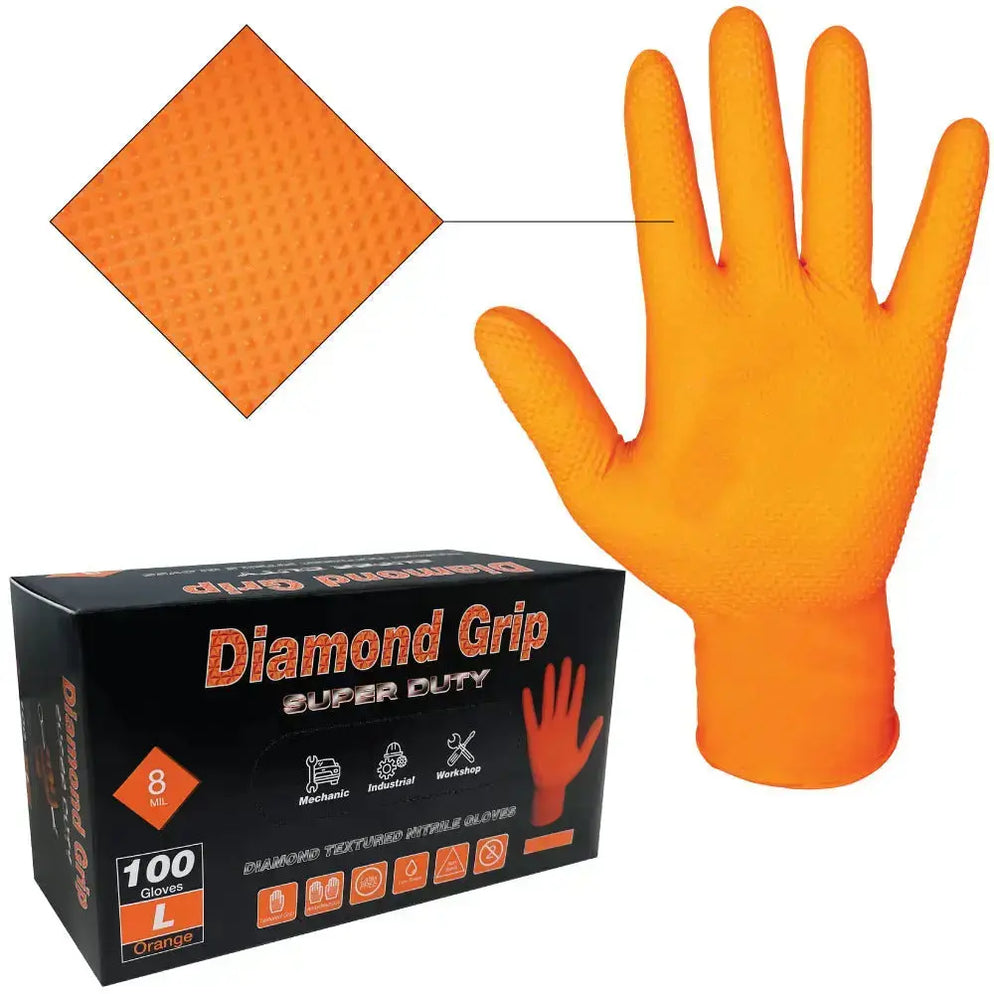 Heavy Duty 8mil Industrial Orange Nitrile Gloves with Raised Diamond