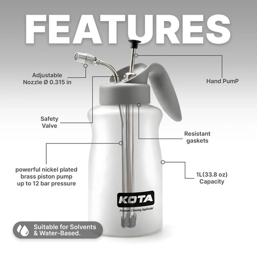 KOTA 1 L Adjustable Hand Pump Pressure Sprayer, Heavy-Duty Multipurpose Bottle for Automotive Solvents, Surface Prep & Car Detailing, Chemical-Resistant PE Construction (Cleaning Applicator) LAUCO