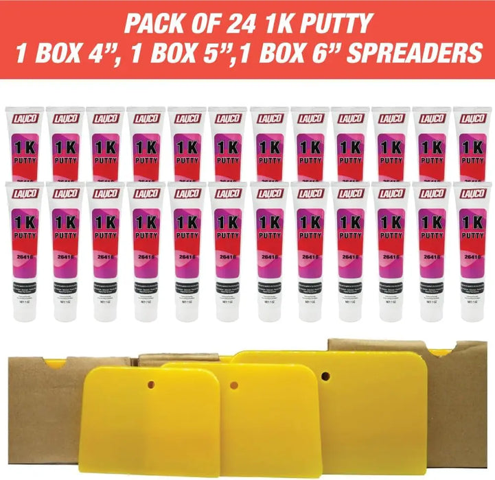 LAUCO 1K Body Filler Putty (24 Pack) and 300 Spreaders (100pack of 4 Inches, 100pack of 5 inches, 100pack of 6 inches) - Quick & Easy Combo Pack for Multiple Surfaces Repairs National Supply Company