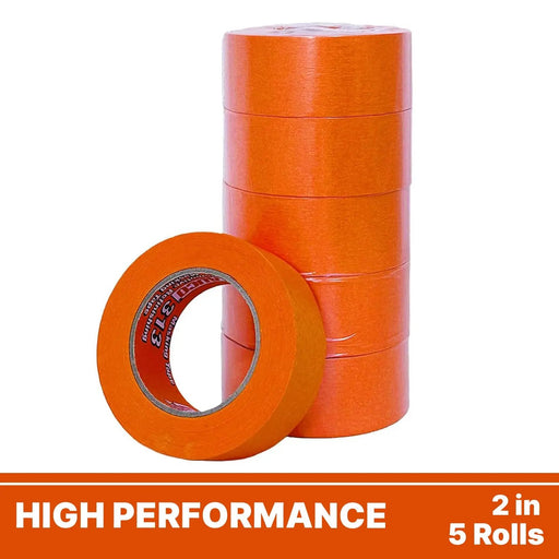 LAUCO 2 in. x 60 Yd (5 Roll) Orange Automotive Refinishing Masking Tape, Moisture, UV, and Heat Resistant, Multi-Purpose Masking Tape, No Residue (19542-5) LAUCO