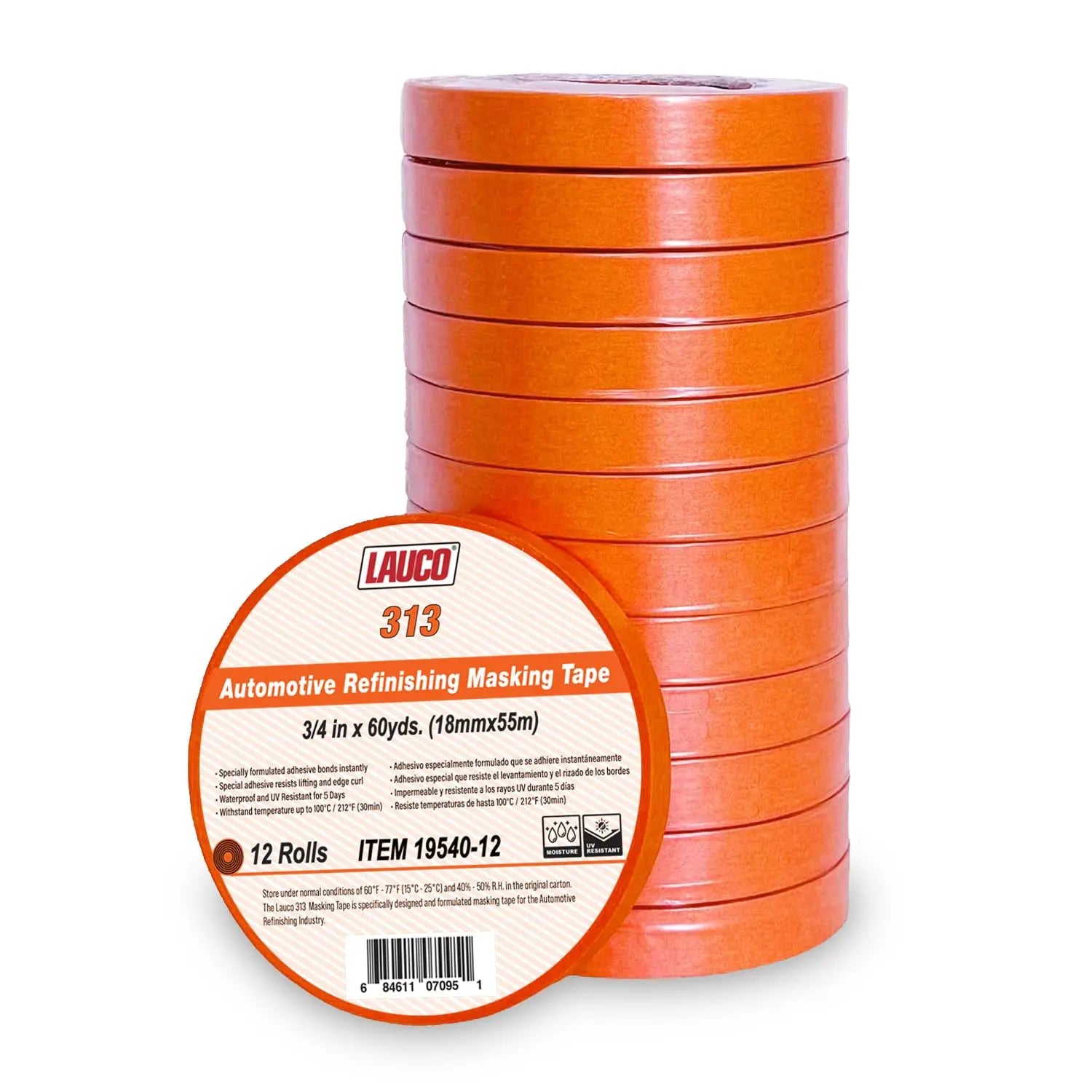 LAUCO 3/4 in. x 60 Yd (12 Roll) Orange Automotive Refinishing Masking Tape, Moisture, UV, and Heat Resistant, Multi-Purpose Masking Tape, No Residue (19540-12) LAUCO