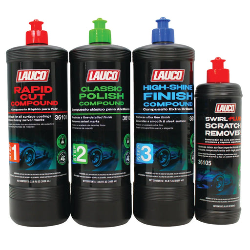 LAUCO 3-Step Automotive Buffing & Polishing Kit – Rapid Cut, Classic Polish & High-Shine Finish + Swivel Scratch Remover – Silicone-Free Paint Correction System [36101, 36102, 36103, 36105] Lauco