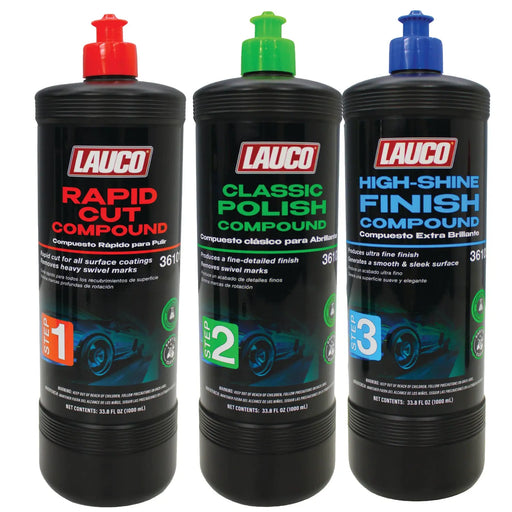 LAUCO 3-Step Paint Correction Compound Kit – Includes Rapid Cut, Classic Polish & High-Shine Finish (3 x 1000mL) – Silicone-Free, Professional Automotive Polishing System [36101+36102+36103] Lauco