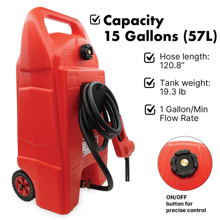 LAUCO 57L Mobile Fuel Caddy with Transfer Hose & Nozzle Gun – Wheeled Fuel Tank for Shop, Farm, Boat, or Garage – [87259] LAUCO