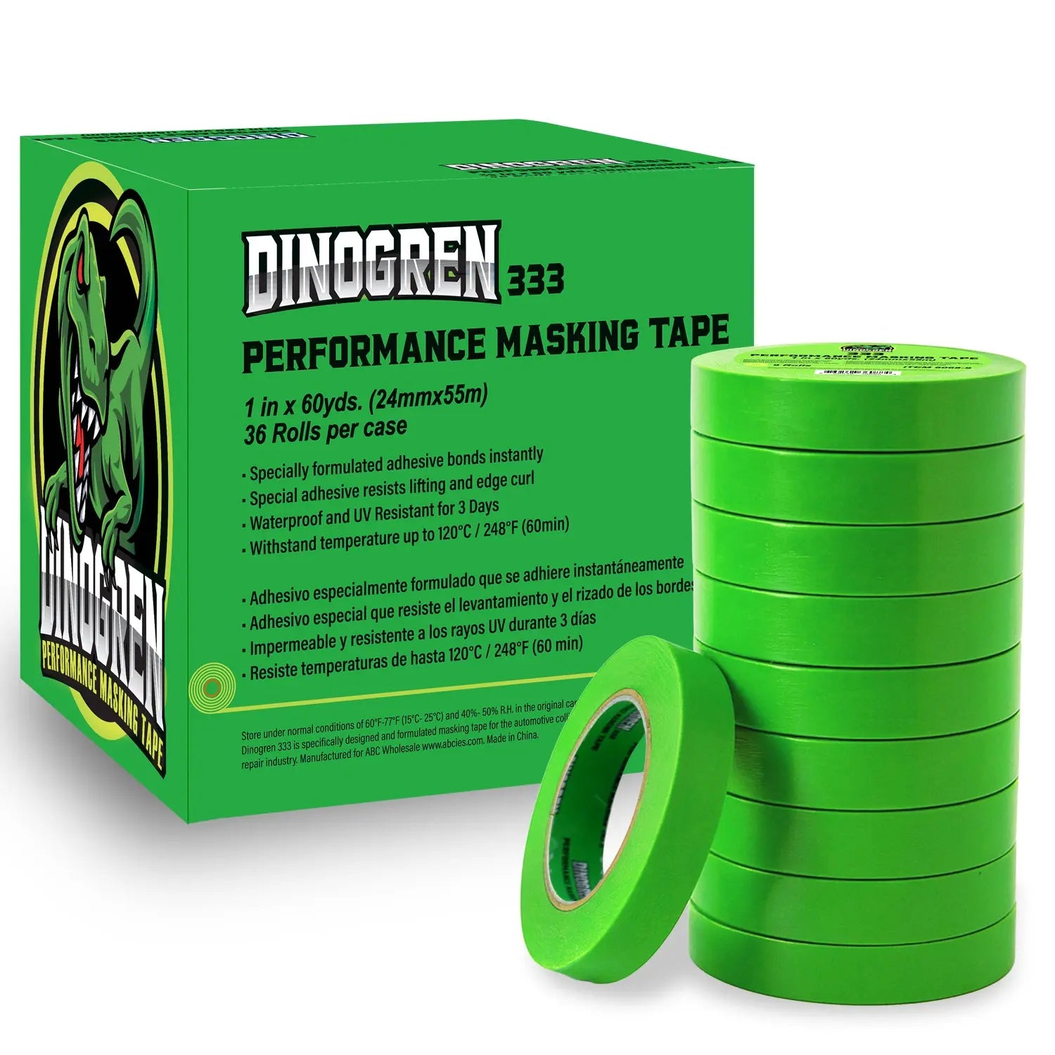 LAUCO DINOGREN 333 Performance Masking Tape – 1 Inch x 60 Yards (36 Rolls per Case) – Green Automotive Masking Tape – Heat Resistant, Waterproof & UV Safe [6068] LAUCO