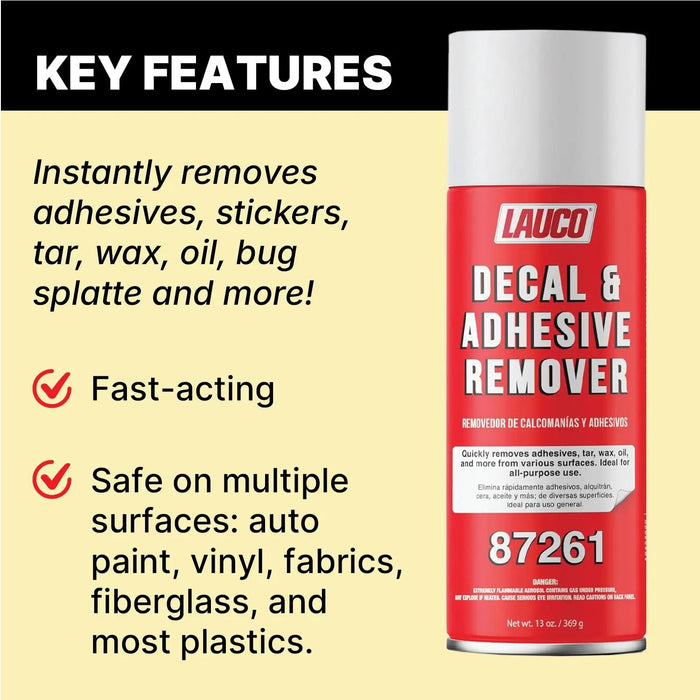 LAUCO Decal & Adhesive Remover – 13 oz Aerosol (12-Pack) – Removes Stickers, Tar, Wax, Oil, Bugs, Sap & More – Safe on Cured Paint, Vinyl & Fabrics – Fast-Acting Cleaner – [87261] LAUCO