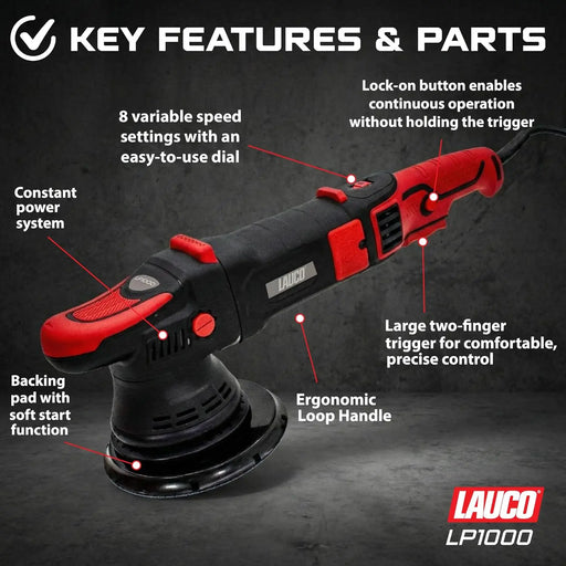 LAUCO Gear Driven Orbital Polisher 1000W with 6-Inch Backing Pad, 6-Speed Variable Control, High Torque Dual Action Polisher for Car Detailing, Paint Correction, Waxing, Buffing & Polishing LAUCO