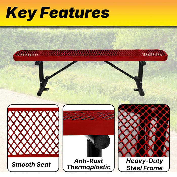 LAUCO Heavy Duty Expanded Metal Mesh Picnic Table, Industrial Style Outdoor Bench with Steel Frame, 1000 lbs Capacity, Black Thermoplastic Coating (Red) LAUCO