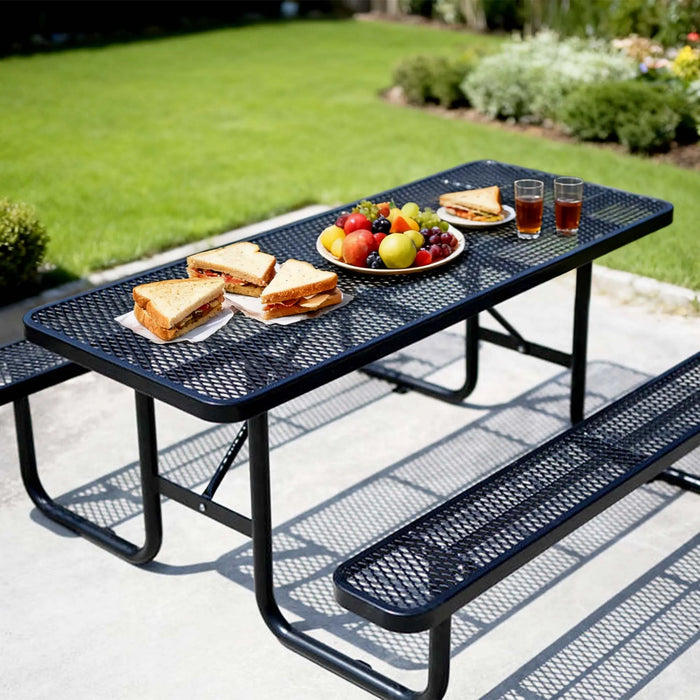 LAUCO Heavy Duty Rectangular Outdoor Picnic Table with Steel Frame, Thermoplastic Coating, Umbrella Hole, Built-in Benches, Seats 8, for Park, Patio, School (Black, 72 inch) LAUCO