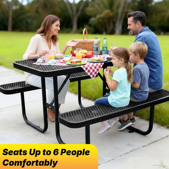 LAUCO Heavy Duty Rectangular Outdoor Picnic Table with Steel Frame, Thermoplastic Coating, Umbrella Hole, Built-in Benches, Seats 8, for Park, Patio, School (Black, 72 inch) LAUCO