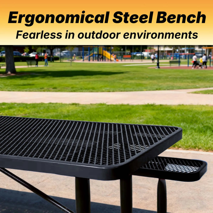 LAUCO Heavy Duty Rectangular Outdoor Picnic Table with Steel Frame, Thermoplastic Coating, Umbrella Hole, Built-in Benches, Seats 8, for Park, Patio, School (Black, 72 inch) LAUCO