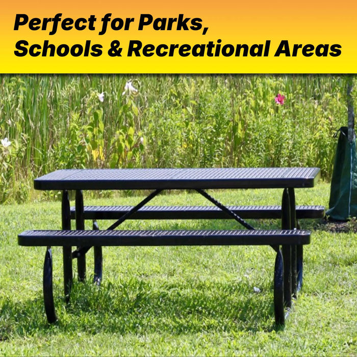 LAUCO Heavy Duty Rectangular Outdoor Picnic Table with Steel Frame, Thermoplastic Coating, Umbrella Hole, Built-in Benches, Seats 8, for Park, Patio, School (Black, 72 inch) LAUCO