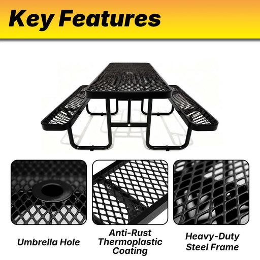 LAUCO Heavy Duty Rectangular Outdoor Picnic Table with Steel Frame, Thermoplastic Coating, Umbrella Hole, Built-in Benches, Seats 8, for Park, Patio, School (Black, 96 inch) LAUCO