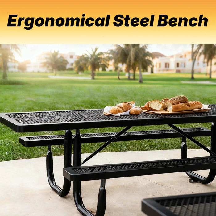 LAUCO Heavy Duty Rectangular Outdoor Picnic Table with Steel Frame, Thermoplastic Coating, Umbrella Hole, Built-in Benches, Seats 8, for Park, Patio, School (Black, 96 inch) LAUCO