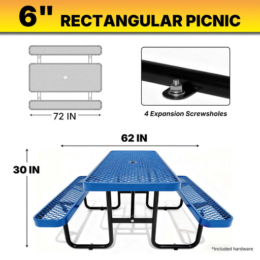 LAUCO Heavy Duty Rectangular Outdoor Picnic Table with Steel Frame, Thermoplastic Coating, Umbrella Hole, Built-in Benches, Seats 8, for Park, Patio, School (Blue, 72 inch) LAUCO
