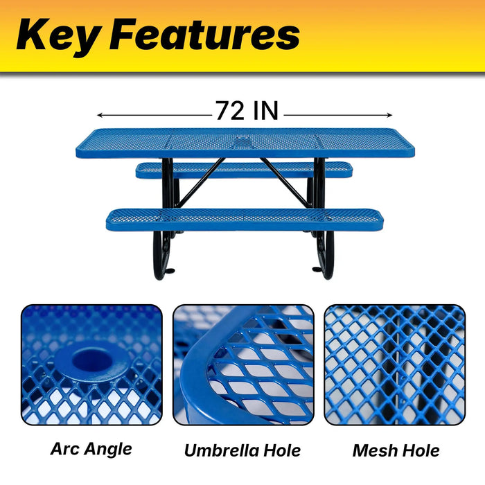LAUCO Heavy Duty Rectangular Outdoor Picnic Table with Steel Frame, Thermoplastic Coating, Umbrella Hole, Built-in Benches, Seats 8, for Park, Patio, School (Blue, 72 inch) LAUCO