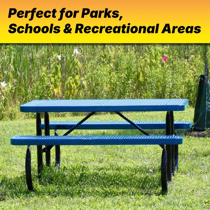 LAUCO Heavy Duty Rectangular Outdoor Picnic Table with Steel Frame, Thermoplastic Coating, Umbrella Hole, Built-in Benches, Seats 8, for Park, Patio, School (Blue, 72 inch) LAUCO