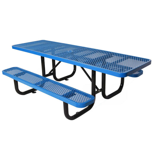 LAUCO Heavy Duty Rectangular Outdoor Picnic Table with Steel Frame, Thermoplastic Coating, Umbrella Hole, Built-in Benches, Seats 8, for Park, Patio, School (Blue, 96 inch) LAUCO