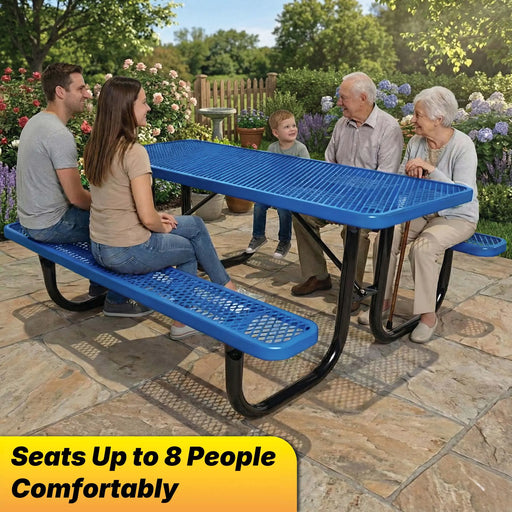 LAUCO Heavy Duty Rectangular Outdoor Picnic Table with Steel Frame, Thermoplastic Coating, Umbrella Hole, Built-in Benches, Seats 8, for Park, Patio, School (Blue, 96 inch) LAUCO