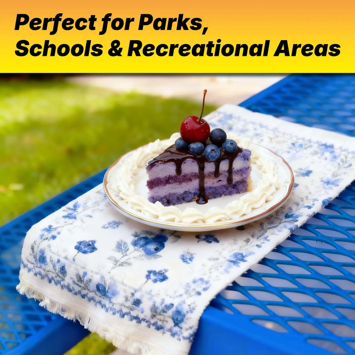 LAUCO Heavy Duty Rectangular Outdoor Picnic Table with Steel Frame, Thermoplastic Coating, Umbrella Hole, Built-in Benches, Seats 8, for Park, Patio, School (Blue, 96 inch) LAUCO