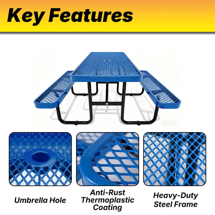LAUCO Heavy Duty Rectangular Outdoor Picnic Table with Steel Frame, Thermoplastic Coating, Umbrella Hole, Built-in Benches, Seats 8, for Park, Patio, School (Blue, 96 inch) LAUCO