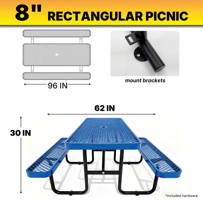 LAUCO Heavy Duty Rectangular Outdoor Picnic Table with Steel Frame, Thermoplastic Coating, Umbrella Hole, Built-in Benches, Seats 8, for Park, Patio, School (Blue, 96 inch) LAUCO