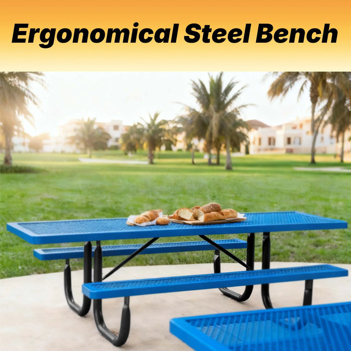 LAUCO Heavy Duty Rectangular Outdoor Picnic Table with Steel Frame, Thermoplastic Coating, Umbrella Hole, Built-in Benches, Seats 8, for Park, Patio, School (Blue, 96 inch) LAUCO
