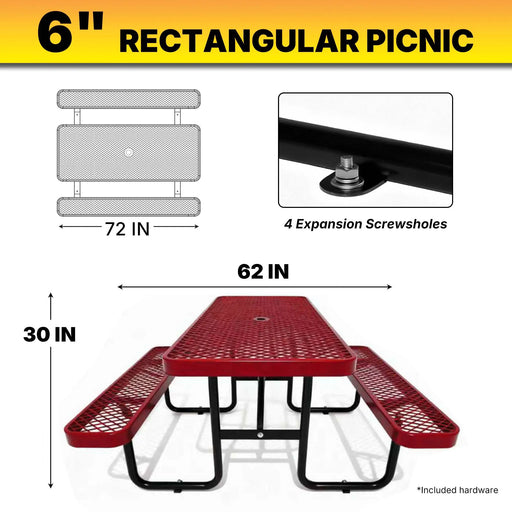 LAUCO Heavy Duty Rectangular Outdoor Picnic Table with Steel Frame, Thermoplastic Coating, Umbrella Hole, Built-in Benches, Seats 8, for Park, Patio, School (Red, 72 inch) LAUCO
