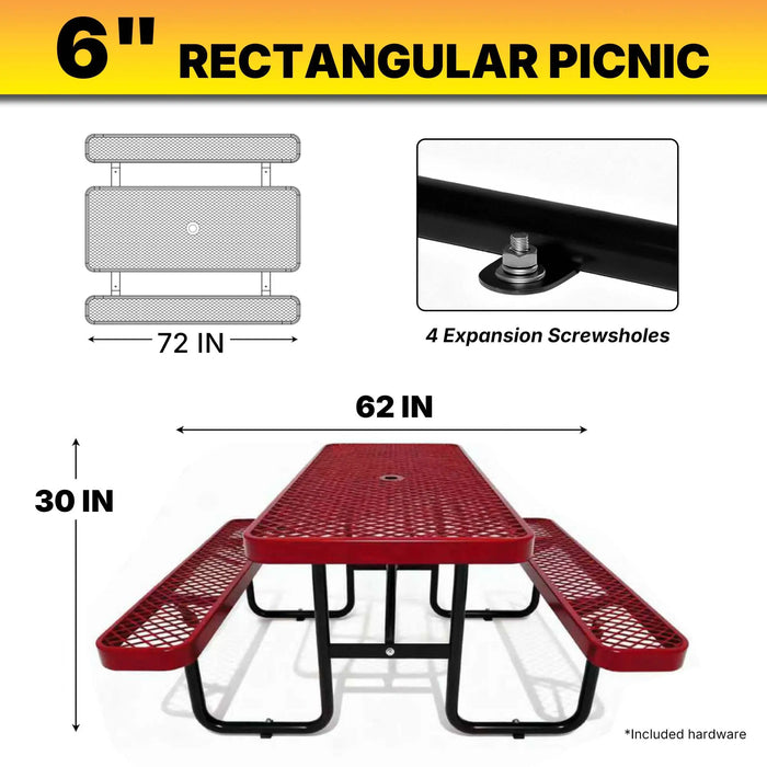 LAUCO Heavy Duty Rectangular Outdoor Picnic Table with Steel Frame, Thermoplastic Coating, Umbrella Hole, Built-in Benches, Seats 8, for Park, Patio, School (Red, 72 inch) LAUCO